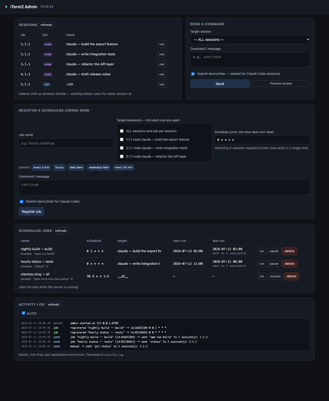 itermon web admin — live session list, send panel, cron scheduler, and activity log